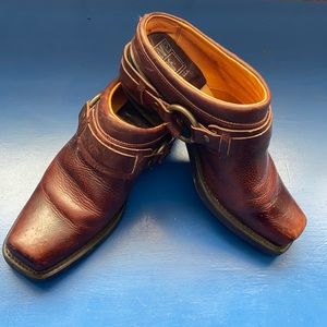 FRYE USA shoe boot cowboy clogs harness bit mules 8 brown leather motorcycle